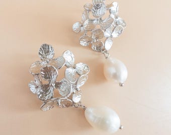 Hydrangea Earrings Silver Statement Earrings with Pearls Silver Flower Pearl Earrings Hydrangea Gift for Wife from Husband Gift for Mom
