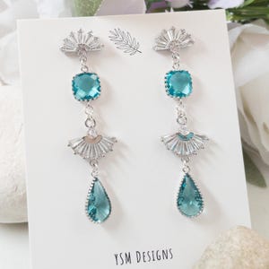 Teal Blue Statement Earrings Art Deco Earrings Silver Crystal Earrings for Special Occasion Wedding Guest Jewelry Something Blue for Bride