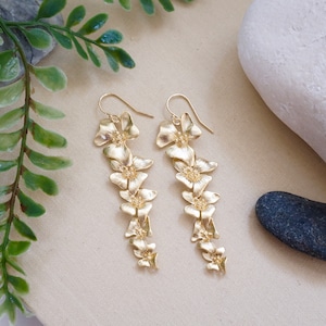 Dogwood Earrings Gold, Long Earrings, Gold Earrings, Statement Earrings,Long Flower Earrings, Dogwood Jewelry, Gift for Mom, Spring Jewelry