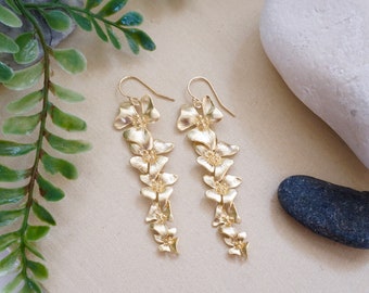 Dogwood Earrings Gold, Long Earrings, Gold Earrings, Statement Earrings,Long Flower Earrings, Dogwood Jewelry, Gift for Mom, Spring Jewelry