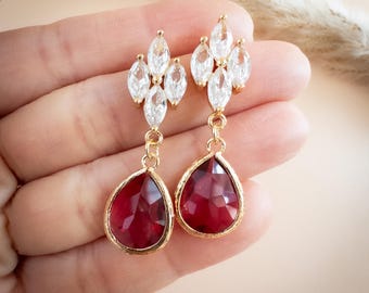 Pendientes de cristal rojo de Año Nuevo chino, pendientes colgantes de oro para el Año Nuevo Lunar, regalo para mamá, pendientes colgantes de color rojo rubí para la cena de celebración.