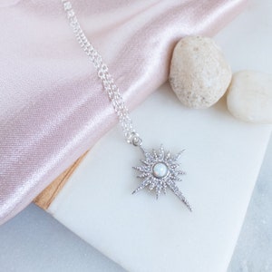 North Star Necklace Silver Starburst Necklace Opal Star Necklace Pave Sun Burst Opal Necklace Celestial Jewelry Dainty Silver Necklace Gift