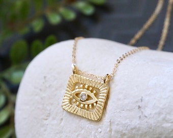 Evil Eye Necklace Gold Rectangular Evil Eye Charm Necklace Gold Necklace Eye of Nazar Pendant Dainty Necklace Gift for Her Minimal Jewelry