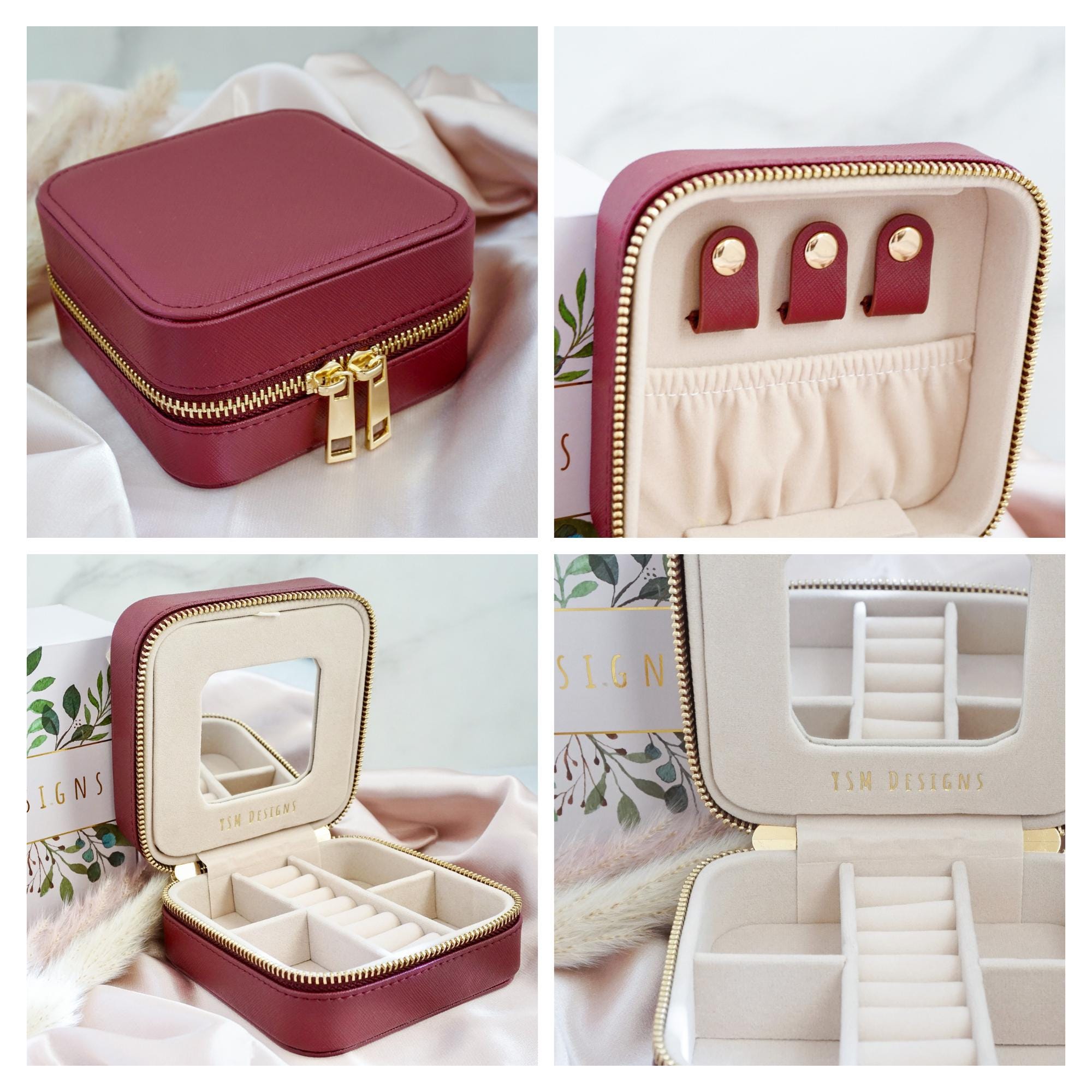 Black Travel Jewelry Case With Mirror, Travel Lover Gift Woman
