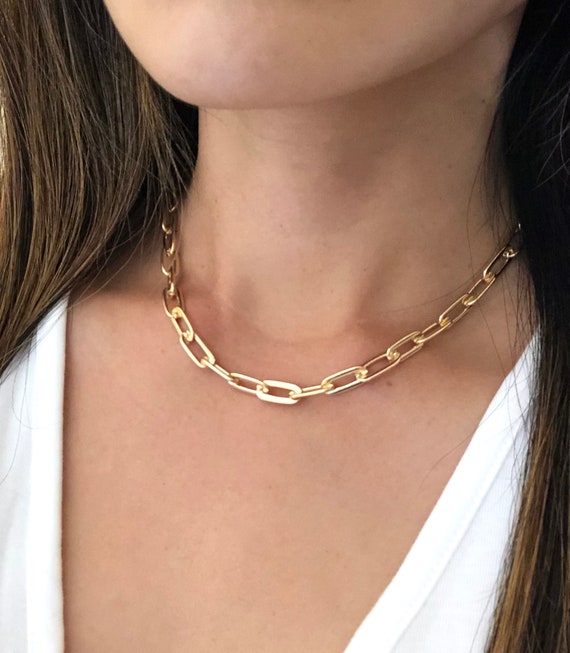 Gold Thick Paperclip Necklace Gold Chain Necklace Gold -   Gold chain  choker, Chain choker necklace, Gold necklace layered