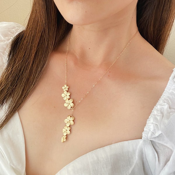 Gold Plumeria Lariat Necklace - Gold Plumeria Necklace, Plumeria Flower Necklace, Gold Necklace, Y Necklace, Hawaii Jewelry, Hawaii Wedding