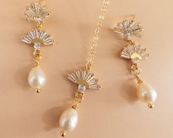 Conjunto de joyas de boda con perlas, joyería nupcial Art Deco, pendientes de cristal de perla para novia, conjunto de collar de perla dorada para regalo de ducha