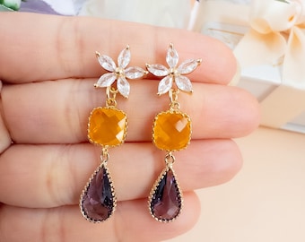 Purple Gold Statement Earrings Fall Formal Earrings Star Flower Drop Earrings Holiday Party Jewelry Amber Plum Gala Earrings NYE Crystal