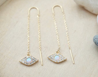 Evil Eye Threader Earrings Dainty Opal Earrings Dangle Gold Eye Earrings Opal Eye Long Earrings Evil Eye Gold Ear Threads Gold Earring Teen