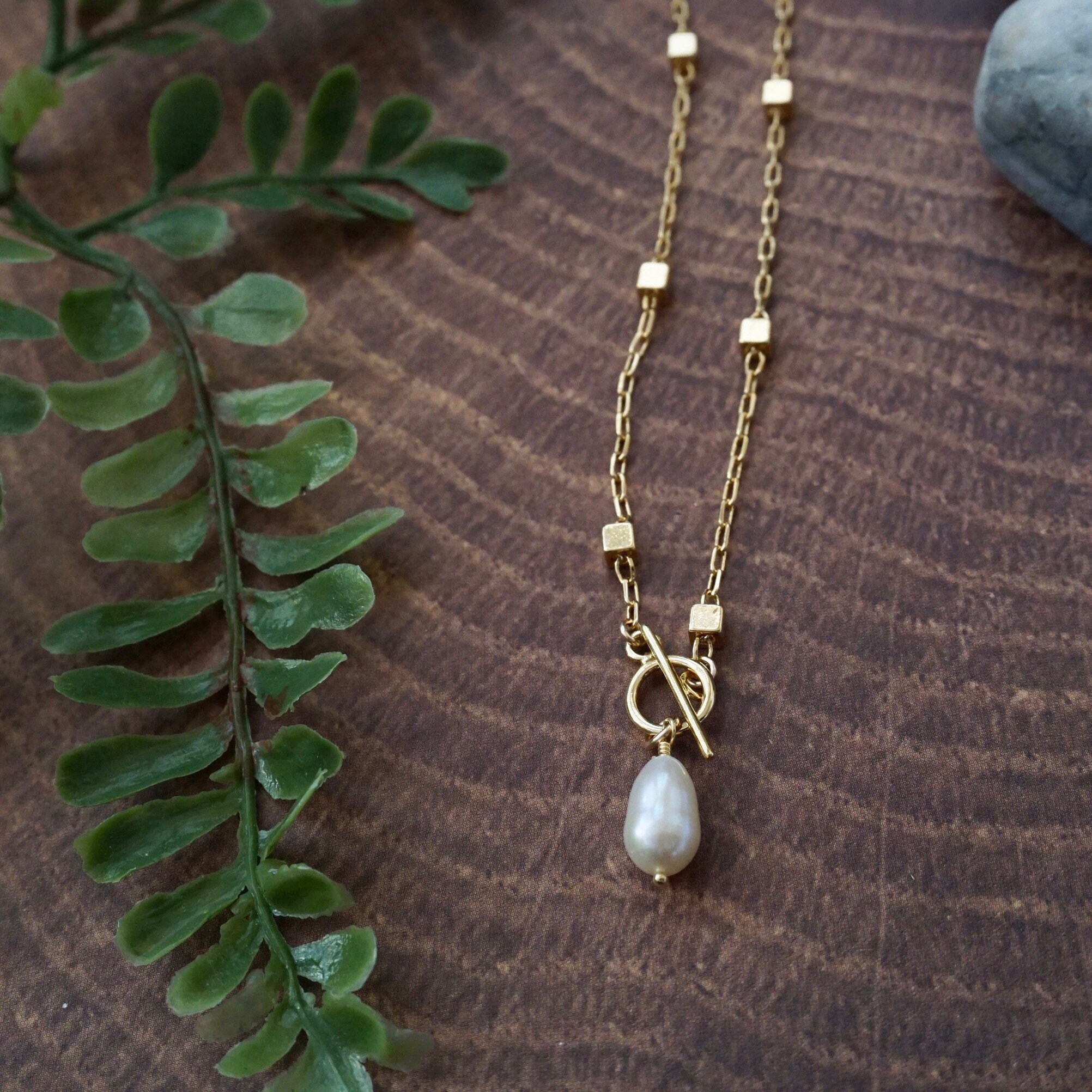 Gold Pearl Necklace Dainty Toggle 