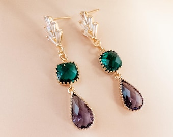 Emerald Plum Earrings Fall Wedding Guest Earrings Art Deco Drop Earrings Green Purple Jewelry Statement Earrings Gold Crystal Fan Earrings