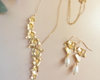 Gold Dogwood Necklace Earring Set Anniversary Gift for Her Romantic Pearl Drop Earrings Asymmetrical Flower Necklace Gift from Husband