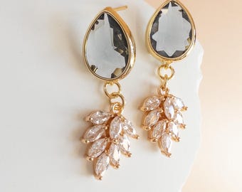 Holiday Party Earrings Charcoal Grey Crystal Drop Dangle Gold Neutral Formal Jewelry for New Years Eve Outfit Black Tie Cocktail Dress Gift