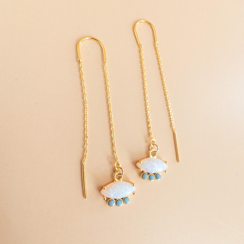 Dainty Opal Threader Earrings Gold Opal Earrings Long Chain Earrings with Opal Stones October Birthstone Earrings Minimal Opal Jewelry Gift image 5