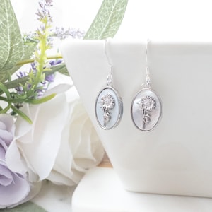 Silver personalized birthday flower earrings