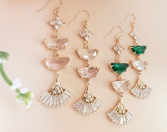 Pendientes largos colgantes de esmeralda, elegantes y llamativos, joyería verde vintage glamurosa para invitadas de boda, ocasiones formales, regalo para amantes de la joyería