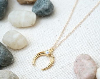 Opal Moon Necklace Opal Crescent Necklace Gold Opal Necklace Dainty Gold Necklace Opal Celestial Necklace Ox Horn Necklace for Layering