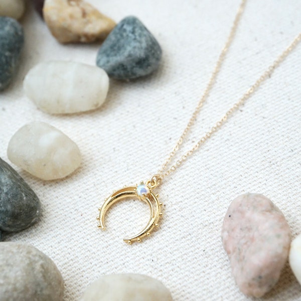 Opal Moon Necklace Opal Crescent Necklace Gold Opal Necklace Dainty Gold Necklace Opal Celestial Necklace Ox Horn Necklace for Layering