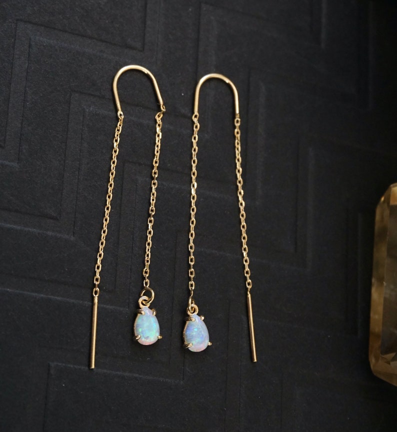 Opal Threader Earrings, Long Gold Earrings, Chain Earrings, Dainty Earrings, Long Earrings, Dangly Earrings, Opal Earrings image 2