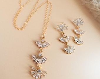 Gold Art Deco Necklace Earrings Set Art Deco Bridal Necklace Set Vintage Wedding Necklace Gold 3 Tier Fan Necklace Bridal Shower Gift