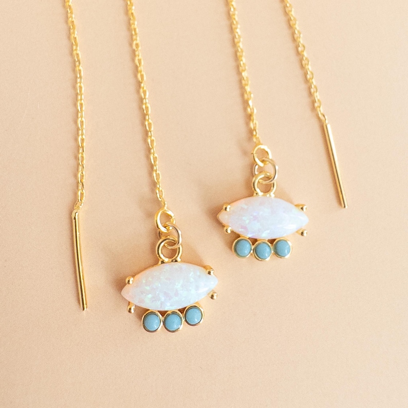 Dainty Opal Threader Earrings Gold Opal Earrings Long Chain Earrings with Opal Stones October Birthstone Earrings Minimal Opal Jewelry Gift image 6