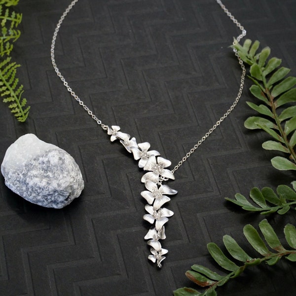 Silver Dogwood Necklace, Asymmetrical Flower Necklace, Dogwood Y Necklace, Statement Silver Necklace, Unique Jewelry Gift for Her