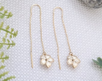 Gold Plumeria Earrings, Gold Threader Earrings, Dainty Gold Earrings, Flower Earrings, Hawaii Inspired Earrings