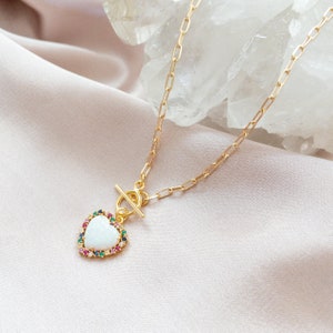 Toggle Heart Necklace Gold Opal Heart Necklace Dainty Opal Necklace Gift for Mom from Daughter Valentine&#39;s Day Gift for Wife Girlfriend Gift