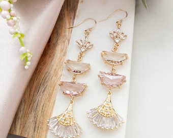 Art Deco Pink Earrings Statement Earrings Pink Long Pink Crystal Earrings Boho Bridal Earrings Wedding Guest Earrings Pink Earrings for Prom