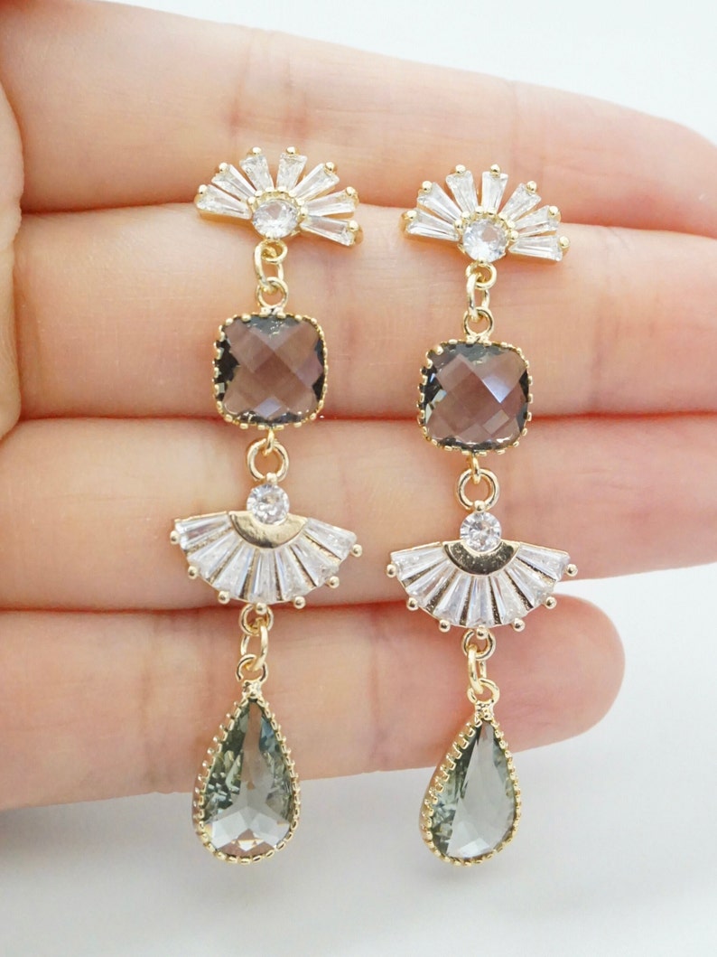 Long Vintage Earrings Art Deco Earrings Long Boho Wedding Earrings Boho Bridal Earrings Statement Earrings Gold 1920s Earrings Gray Stones image 7