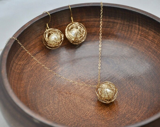 Gold Ball Jewelry Set Unique Pendant Necklace Dainty Etsy