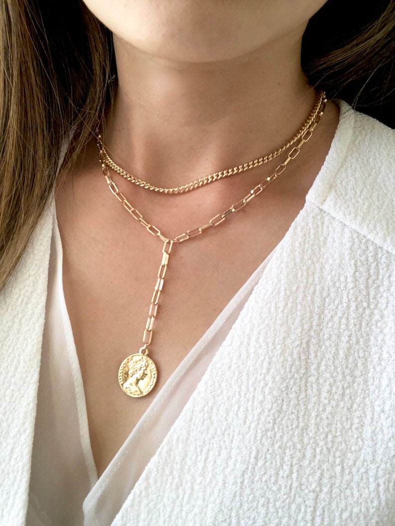 Coin Necklace Coin Drop Necklace Rectangular Link Necklace Gold Coin Y Necklace Layering Necklace Vintage Coin Necklace