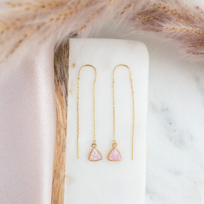 Pink Opal Earrings, Opal Threader Earrings, Earrings Dangle Gold, Gold Threader Earrings, Chain Earrings Dainty, Long Minimalist Earrings image 1