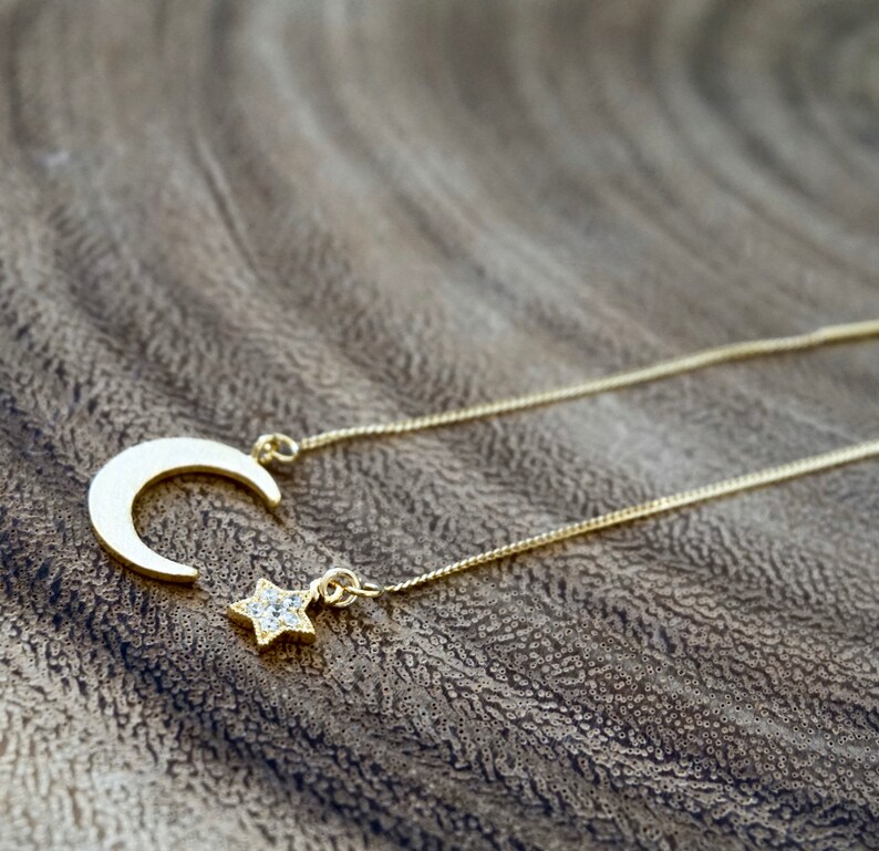 Gold Ear Threaders Moon Earrings Star Threader Earrings Etsy