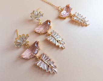 Conjunto de joyas Art Deco en rosa ruborizado, pendientes y collar para damas de honor, joyas de cristal rosa dorado para invitadas de boda, accesorios glamurosos para fiestas en el jardín.