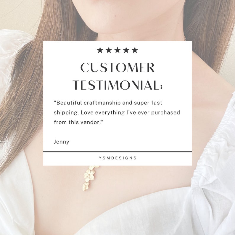 May include: A customer testimonial with five stars, the text reads "CUSTOMER TESTIMONIAL: Beautiful craftmanship...from this vendor!" and "Jenny". A gold floral necklace is visible. The vendor's name "YSMDESIGNS" is also displayed.