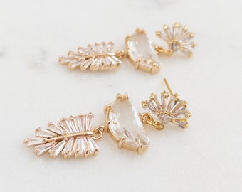 Woodland Wedding Earrings Art Deco Style Art Deco Earrings Clear Stone Rustic Wedding Jewelry Bridal Art Deco Leaf Earrings Clear Crystal