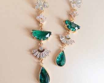 Art Deco Wedding Earrings Green Stones Bridal Green Dangle Earrings Art Deco Gold Statement Earrings Wedding Guest Earrings Art Deco Jewelry
