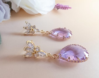 Lilac Purple Earrings Formal Event Jewelry Dressy Earrings Gold Vintage Style Statement Earrings Cocktail Party Drop Earrings Gift for Her