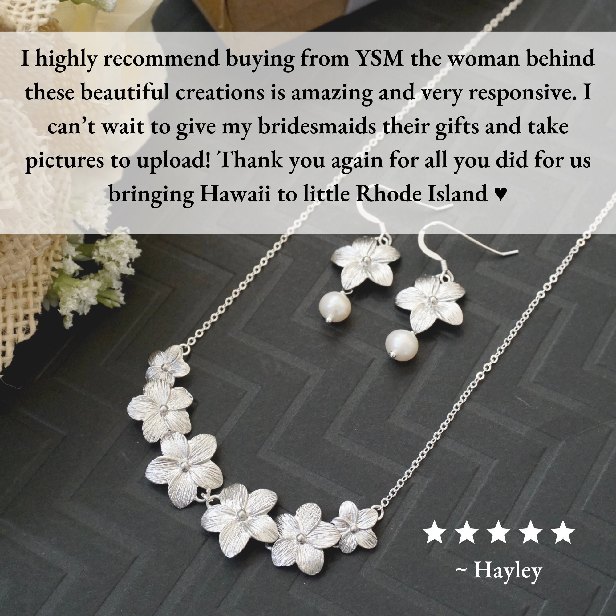 Dreuyet Plumeria Flower Necklace & Earrings Set - Hawaiian Tropical Bohemian Style For Beach Parties