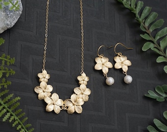 Gold Plumeria Flower Lei Jewelry Set - Plumeria Necklace, Plumeria Earrings, Hawaii Jewelry, Plumeria Flowers Necklace, Hawaii Necklace