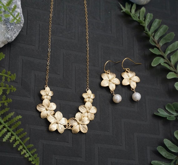 Gold Plumeria Flower Lei Jewelry Set Plumeria Necklace Plumeria