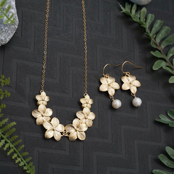 Gold Plumeria Flower Lei Jewelry Set - Plumeria Necklace, Plumeria Earrings, Hawaii Jewelry, Plumeria Flowers Necklace, Hawaii Necklace