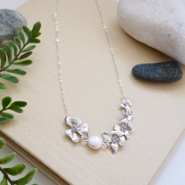 Dogwood Flower Necklace Silver Dogwood Asymmetrical Necklace with Pearl Necklace Silver Dogwood Jewelry Dainty Floral Necklace Gift for Her