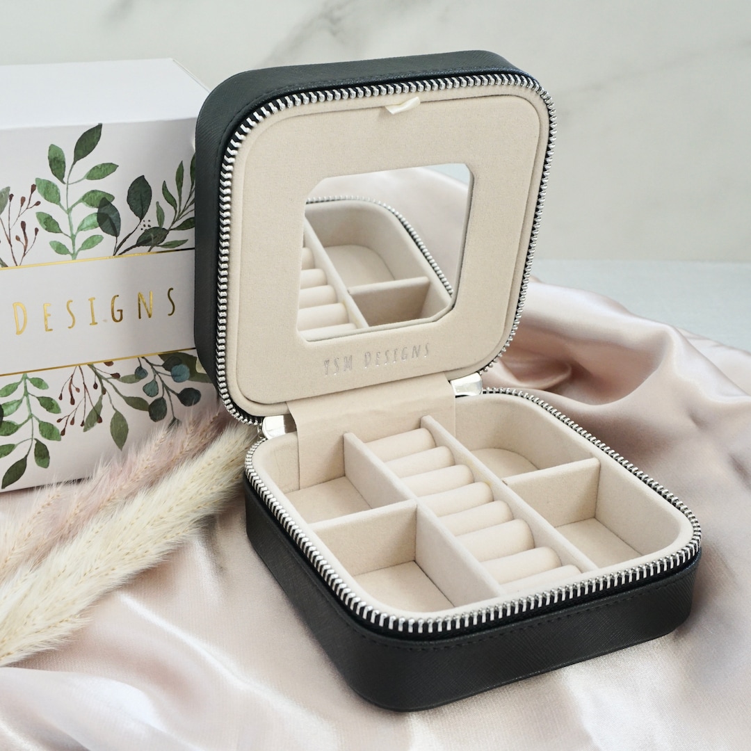 Black Travel Jewelry Case With Mirror, Travel Lover Gift Woman