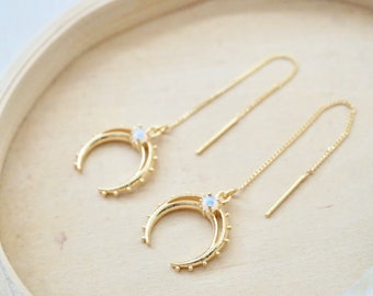 Ox Horn Earrings Gold Horned Moon Earrings Opal Threader Earrings Opal Moon Threaders Crescent Moon Dangle Earrings Gift for Teen Girl