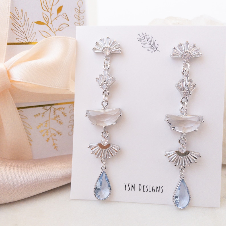 Blue Art Deco Bridal Earrings for Wedding by YSM Designs