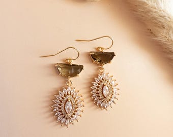 Brown Topaz Holiday Party Earrings Statement Drop Gold Art Deco Crystal Jewelry Gift for Christmas Outfit Dangle Women Company Event Dress