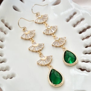 Green Art Deco Earrings Art Deco Statement Earrings Gold Emerald Green Earrings Fan Earrings Long Boho Bridal Earrings Crystal Earrings