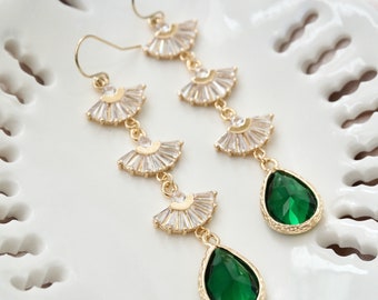 Green Art Deco Earrings Art Deco Statement Earrings Gold Emerald Green Earrings Fan Earrings Long Boho Bridal Earrings Crystal Earrings